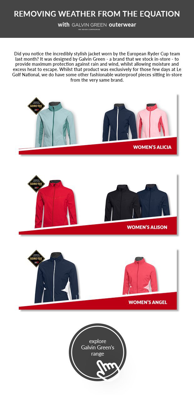 Did you notice the incredibly stylish jacket worn by the European Ryder Cup team last month? It was designed by Galvin Green - a brand that we stock in-store - to provide maximum protection against rain and wind, whilst allowing moisture and excess heat to escape. Whilst that product was exclusively for those few days at Le Golf National, we do have some other fashionable waterproof pieces sizing in-store from the very same brand.
