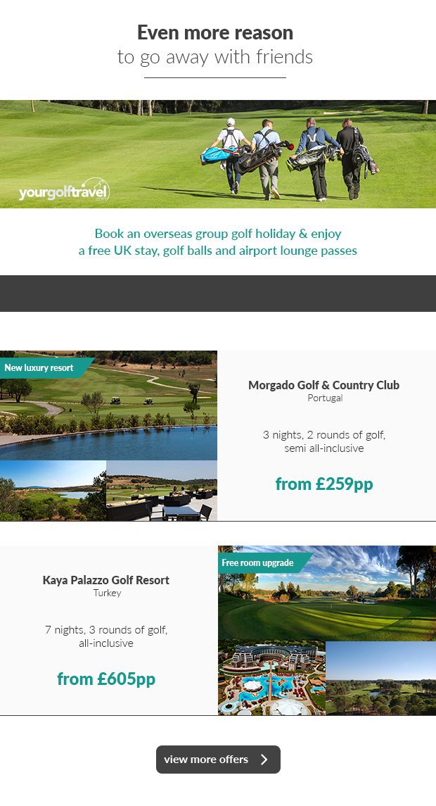 Book an overseas group golf holiday and enjoy a free UK stay, golf balls and airport lounge passes.Even more reason to go away with friends.
