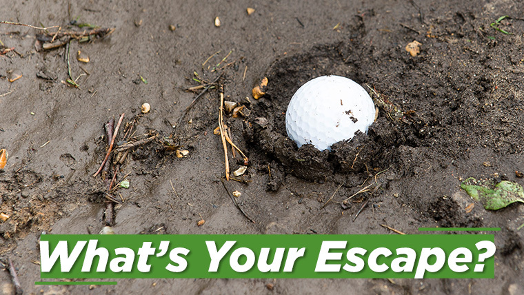 a-golf-ball-stuck-in-mud-with-a-banner-asking-what's-your-escape?