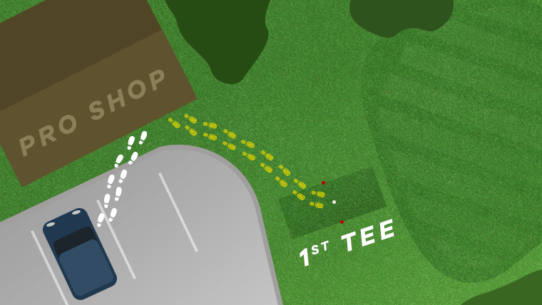 an-illustration-of-a-golfer-walking-into-a-pro-shop-then-onto-the-1st-tee