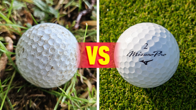 an-old-golf-ball-next-to-a-new-mizuno-ball