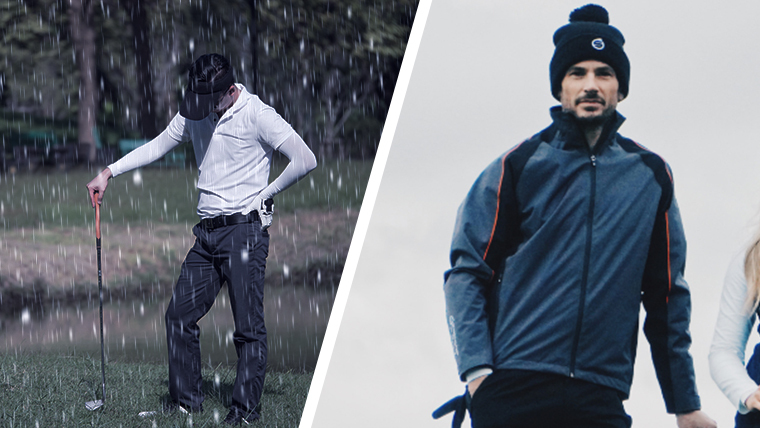 a-wet-golfer-next-to-a-happy-golfer-wearing-a-waterproof-jacket