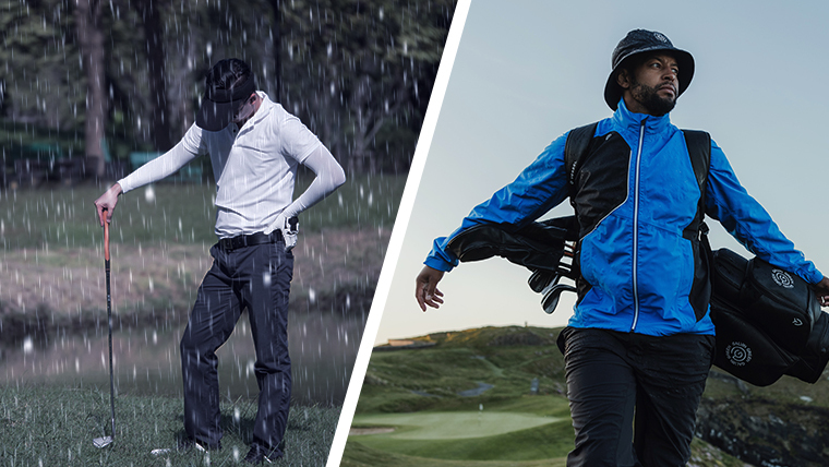 a-wet-golfer-next-to-a-happy-golfer-wearing-a-waterproof-jacket