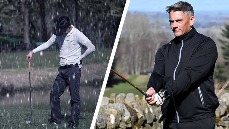 a-wet-golfer-next-to-a-happy-golfer-wearing-a-waterproof-jacket