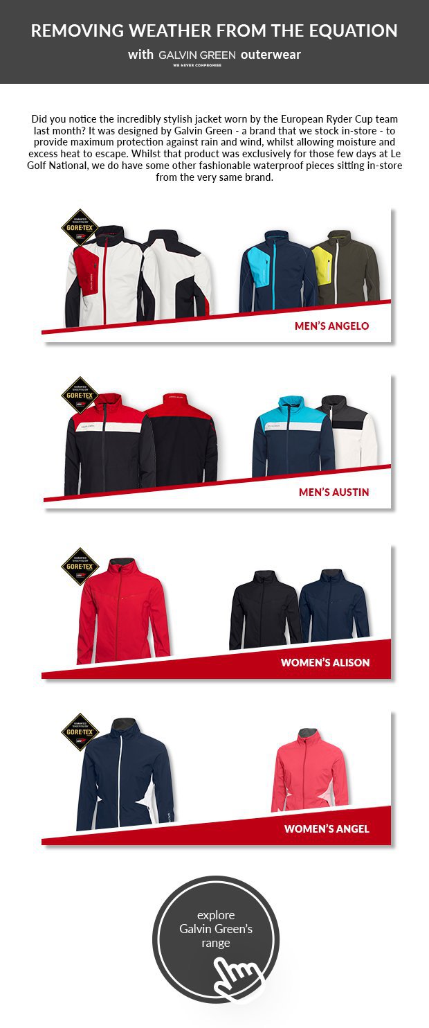 Did you notice the incredibly stylish jacket worn by the European Ryder Cup team last month? It was designed by Galvin Green - a brand that we stock in-store - to provide maximum protection against rain and wind, whilst allowing moisture and excess heat to escape. Whilst that product was exclusively for those few days at Le Golf National, we do have some other fashionable waterproof pieces sizing in-store from the very same brand.